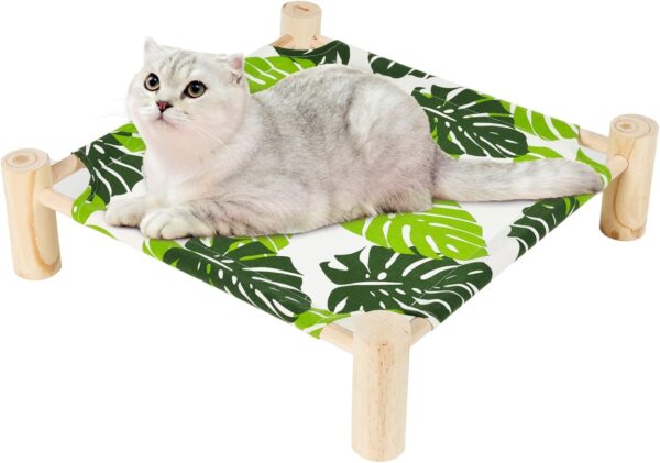 Patas Lague Cat and Dog Hammock Bed Small Dog Bed, Wooden Cat Elevated Cooling Outdoor Bed for All Seasons, Cat Beds for Indoor Cats, Cat Cots Furniture Pet Bed Puppy Bed(Monstera Leaf) - Image 2