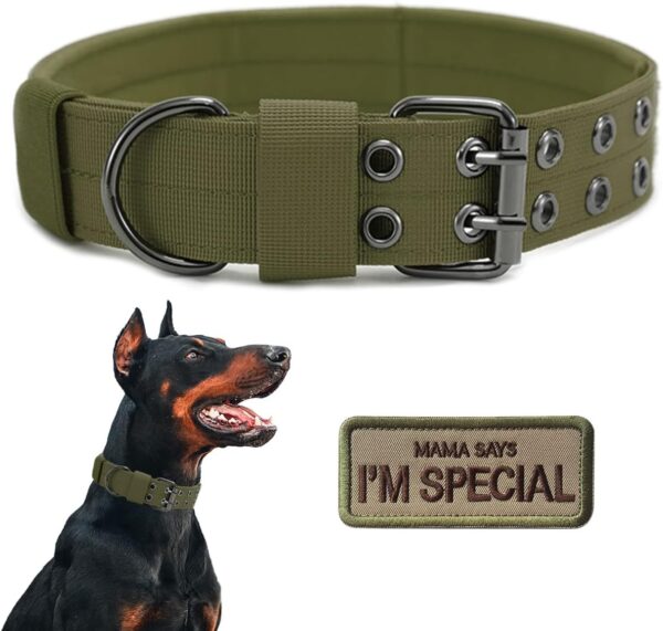 Tactical Dog Collar Military Adjustable Dog Collars Soft Nylon Training Collar with Patch Heavy Duty Metal Buckle Collars for Medium Large Dogs (M, Green)