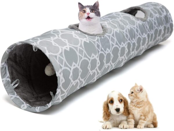 LUCKITTY Geometric Straight Cat Tunnel with Plush Inside,Cats Toys Collapsible Tunnel Tube with Balls, for Rabbits, Kittens, Ferrets,Puppy and Dogs, Diameter 9.8 Inch - Image 6