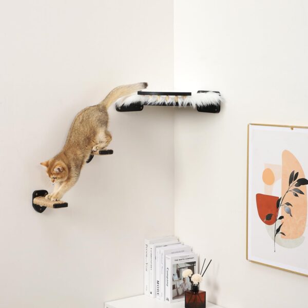 Cat Wall Shelves, Cat Shelves and Perches for Wall, Cat Wall Furniture, Corner Cat Shelf with 3 Steps Scratch Post, Cat Bed Hammock with Plush Covered, Climbing Shelf for Indoor Cats (Black) - Image 8