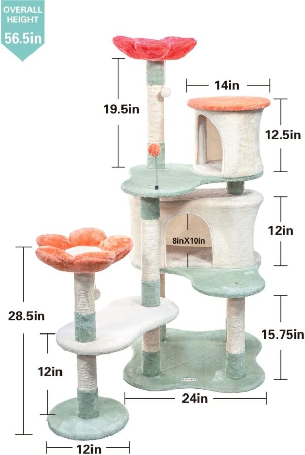 HYABi 56.3in Flower Collapsible Cat Tree Tower Condo Furniture Apartment Plush Habitat Kitten Amusement Platform with Scratch Posts Toy Ball Pet House Play (Large 56.3" H) - Image 3