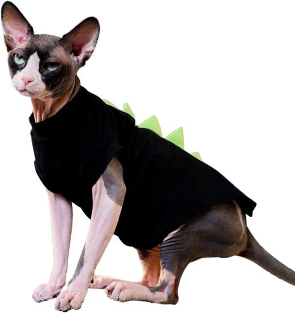 DENTRUN Sphynx Cat Clothes, Cute Dinosaur Design Hairless Cat Costume, Breathable Cotton Shirts Cat Clothes for Cats Only, Round Collar Kitten Daily T-Shirts with Sleeves, Cats Funny Cosplay Apparel