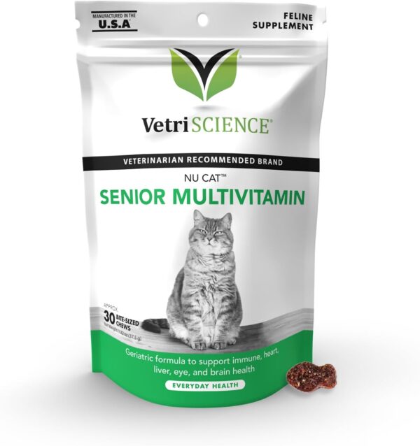 VetriScience Nu Cat Senior Multivitamin with Lysine for Cats - 30 Chews - Cat Supplements & Vitamins Designed to Support Heart, Eye and Brain Function, Immunity and Liver Health in Senior Cats​