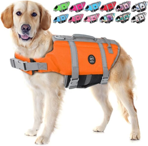 EMUST Dog Life Jacket, XL, NewOrange, Waterproof, Breathable, Adjustable with Rescue Handle, for Swimming Pool Beach Boating