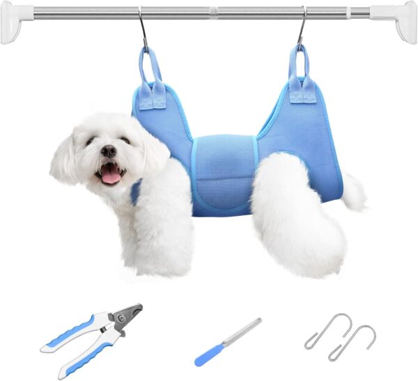 Dog Grooming Hammock with Tension Rods, Pet Grooming Hammock with Pet Nail Clipper & Nail Trimmers, Cat Hanger Sling for Trimming Clipping Nails, Pet Grooming Sling Helper for Dogs & Cats (XS)