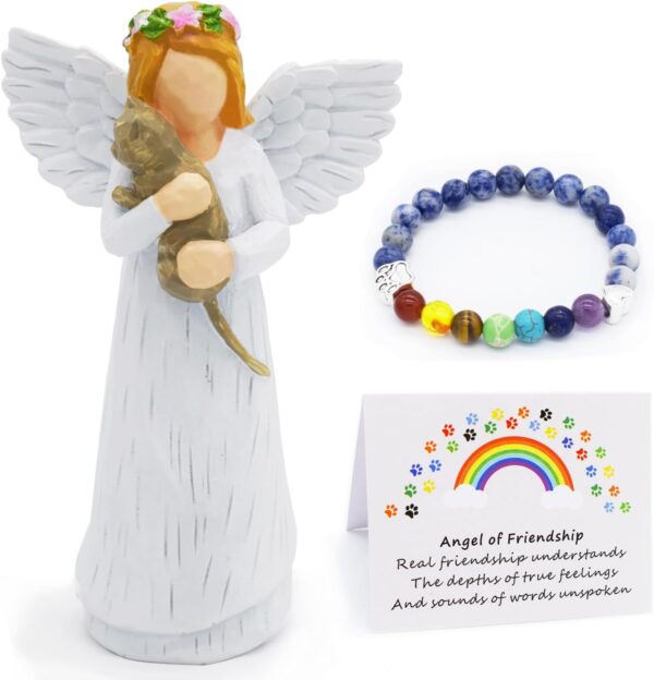 Cat Memorial Gifts, Pet Sympathy Gift, Loss of Cat Sympathy Gifts for Cat Mom, Passed Away Cat Gifts, Angel Figurines Cat Remembrance Gift with 7 Chakra Pet Memorial Rainbow Bridge Bracelet