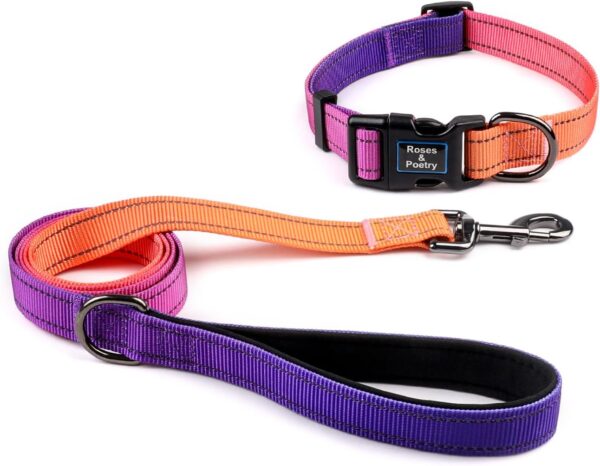 Roses&Poetry Reflective Dog Collar and Leash Set, Purple Martingale Dog Collar and Leash for Medium Dogs, Adjustable Durable Nylon Pet Collars with Leashes for Walking,Playing,Training（Mistyrose-M）