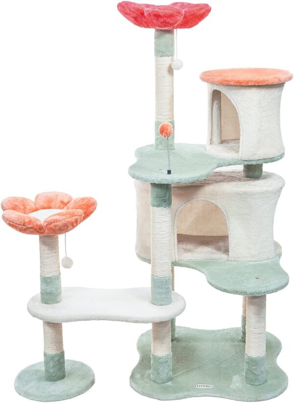 HYABi 56.3in Flower Collapsible Cat Tree Tower Condo Furniture Apartment Plush Habitat Kitten Amusement Platform with Scratch Posts Toy Ball Pet House Play (Large 56.3" H)