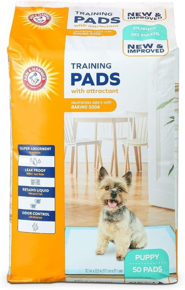 Arm & Hammer for Dogs Puppy Training Pads with Attractant | New & Improved Super Absorbent, Leak-Proof, Odor Control Quilted Puppy Pads with Baking Soda| 50 Count Wee Wee Pads