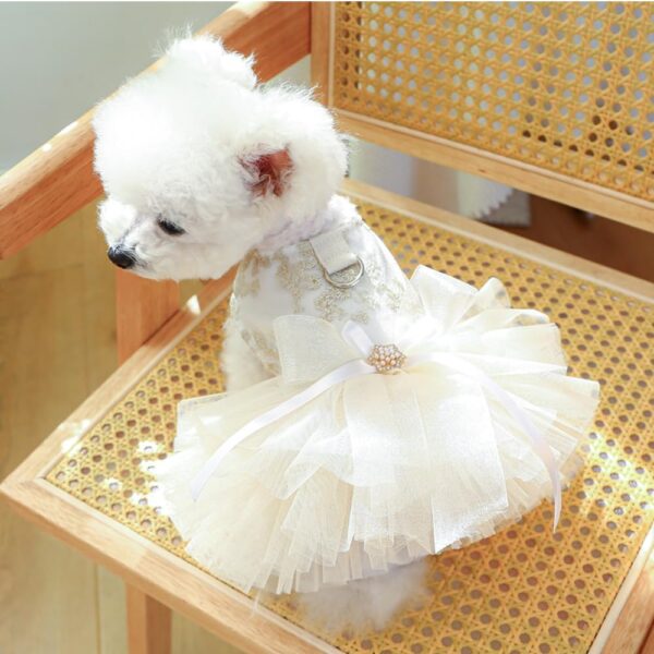 Fancy Dog Dresses with Leash Ring, Embroidered Dog Wedding Dress, Bow Puppy Clothes for Small Dog Girl Multi-layer Lace Tutu Cat outfit for Kitten Chihuahua Yorkie, Champagne,Medium - Image 2