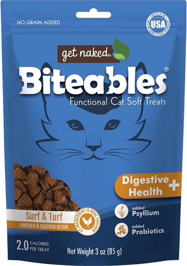 Get Naked Biteables Natural Soft Treats for Cats, Digestive Health Plus, Surf & Turf Recipe, 3 oz, 1 Pouch