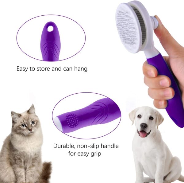 Cat Grooming Brush, Self Cleaning Slicker Brushes for Dogs Cats Pet Grooming Brush Tool Gently Removes Loose Undercoat, Mats Tangled Hair Slicker Brush for Pet Massage-Self Cleaning Upgraded (PURPLE) - Image 5