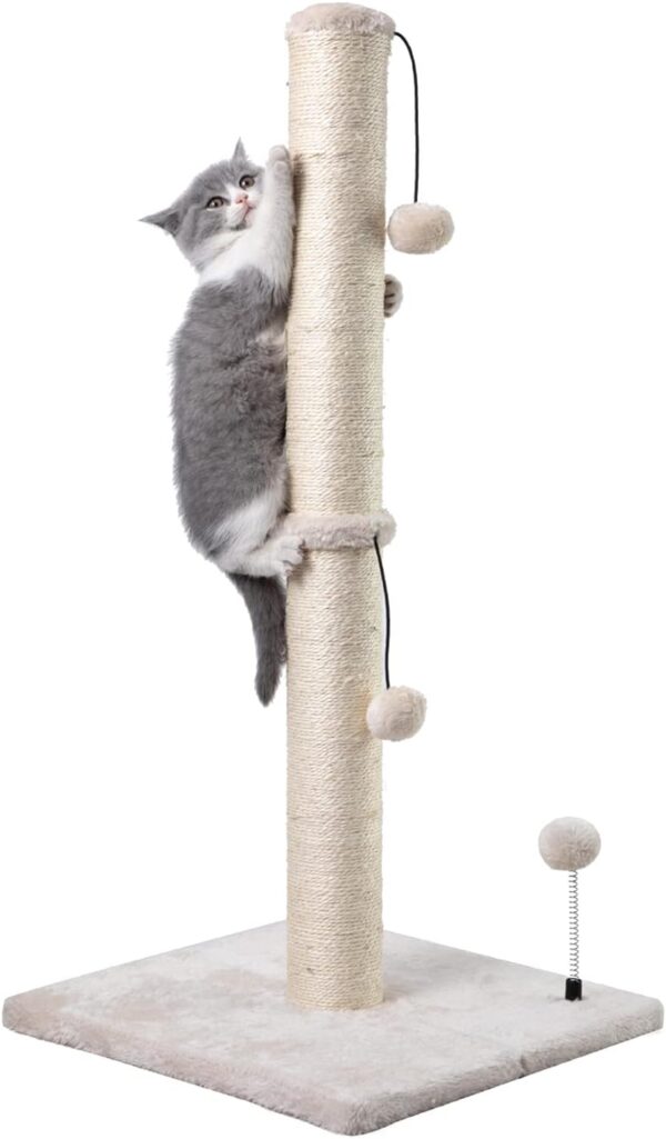 34” Tall Cat Scratching Post Premium Basics Kitten Scratcher Sisal Scratch Posts Trees with Hanging Ball for Indoor Cats (34 inches for Adult Cats, Beige)