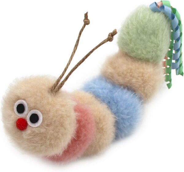 Interactive Natural Catnip Kicker, with Rattle and Ribbon, Bite Resistant, for All Ages Indoor Cat, Soft Caterpillar Kicker, Fluffy Kitten Toy