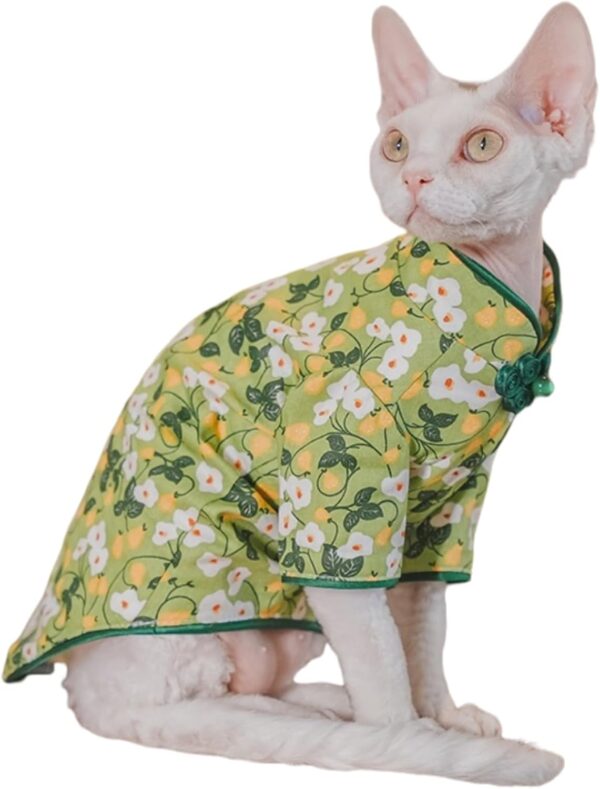 Traditional Culture Sphynx Hairless Cat Cotton T-Shirts Cat Clothes Pet Sweater Cat Vest Pet Clothes Kitten Shirts Cats & Small Dogs Apparel (White Petunia Chi-Pao, L (7.5-8.8 lbs)) - Image 5