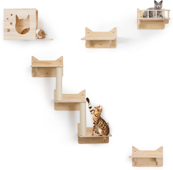 Pine Cat Wall Frame for Climbing, Set of 5 Furniture, Shelves and Perches, House, Sisal Post Ladder, Steps and Travel Platform