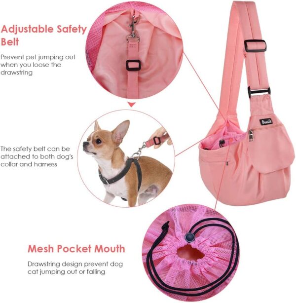 Lukovee Dog Sling Carrier, Hard Bottom Support & Adjustable Soft Padded Shoudler Strap Dog Slings for Small Dogs, Dog Purse with Drawstring Mesh Opening & Zipper Pockets for Puppy Cat Pet (Pink) - Image 3