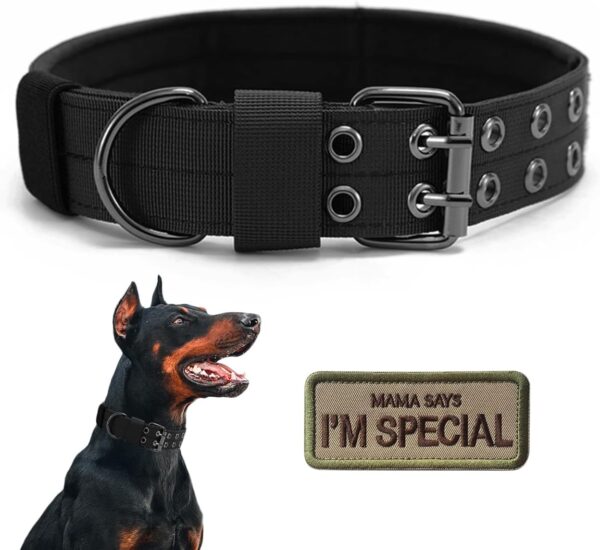 Tactical Dog Collar Military Adjustable Dog Collars Soft Nylon Training Collar with Patch Heavy Duty Metal Buckle Collars for Medium Large Dogs (L, Black)