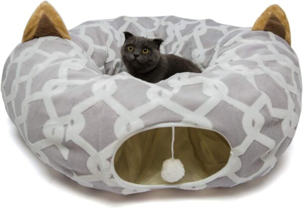 LUCKITTY Large Cat Tunnel Bed with Plush Cover,Fluffy Toy Balls, Small Cushion and Flexible Design- 10 inch Diameter, 3 ft Length- Great for Cats, and Small Dogs, Gray Geometric Figure - Image 7