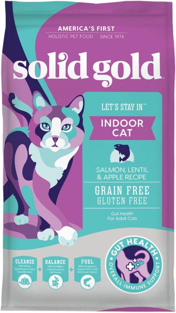 Solid Gold Indoor Dry Cat Food - Let's Stay in Cat Food Dry Kibble for Indoor Cats - Hairball & Sensitive Stomach - Grain & Gluten Free - Probiotics & Fiber for Digestive Health - Salmon - 6lb