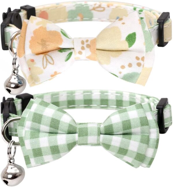 2 Pack/Set Cat Collar Breakaway with Cute Bow Tie and Bell Plaid Flower for Kitty Adjustable Safety