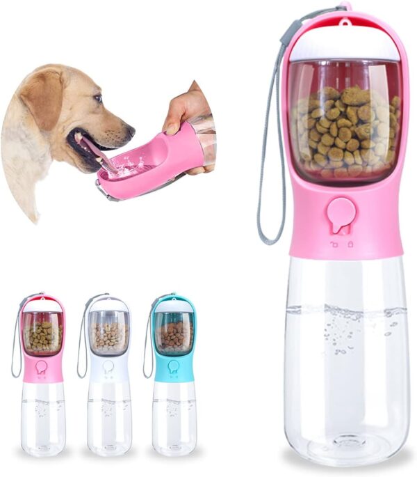 Dog Water Bottle, 2 in 1, Leak Proof Portable Pet Water Bottle with Food Container, Outdoor Portable Water Dispenser for Dog, Puppy Supply for Walking, Hiking, Camping, Travel (19oz Pink)