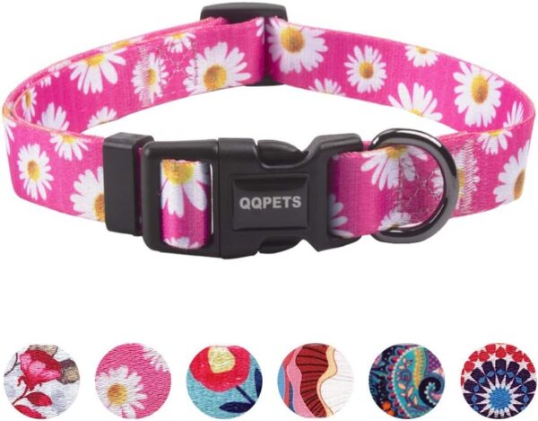 QQPETS Adjustable Soft Dog Collar: Print Flower Pink Multicolor Cute Patterns for XS Small Medium Large Pet Girl Boy Puppy Walking Running Training (S, Small Daisies)