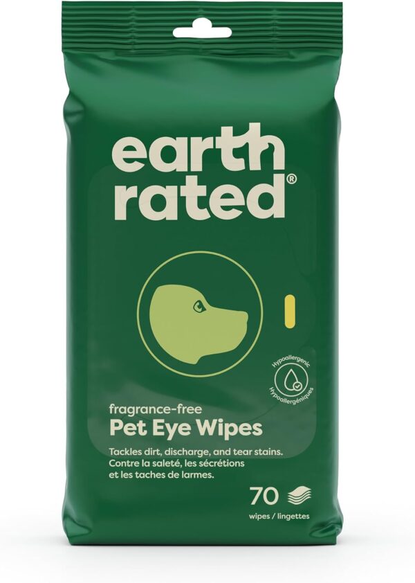 Earth Rated Pet Eye Wipes, Hypoallergenic Eye Wipes for Dogs & Cats to Remove and Reduce Tear Stains & Eye Discharge, Fragrance Free, 70 Count