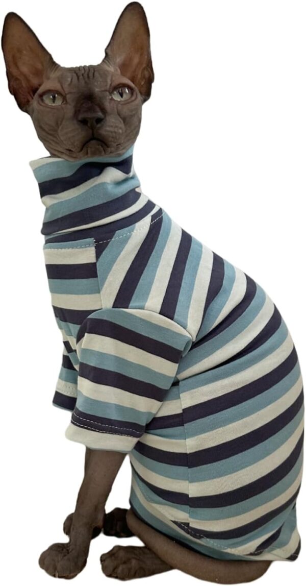 Vintage Stripes Sphynx Hairless Cats Shirt Cotton Cat Turtleneck Pet Clothes Kitten T-Shirts with Sleeves for Sphynx Cornish Rex, Devon Rex, Peterbald (Cloud Sea Land, Medium (Pack of 1))