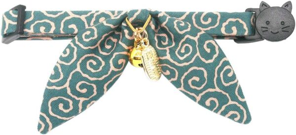 PetSoKoo Bunny Ears Cat Collar, Japan Lucky ‘開三運’ Charm. Safety Breakaway Bowtie Kitten Collar with Bell, Light Blue - Image 3