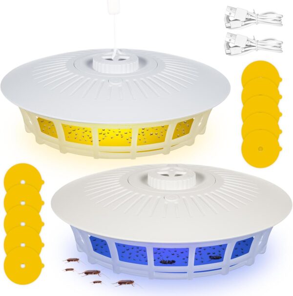 2 Pack Flea Traps for Inside Your Home with 10 Sticky Refill Discs & 4 LED Light Modes Flea Light Trap for Indoor, Harmless & Friendly to Pets & Kids Pest Trapper for Fleas, Flies, Mosquitoes, Moths