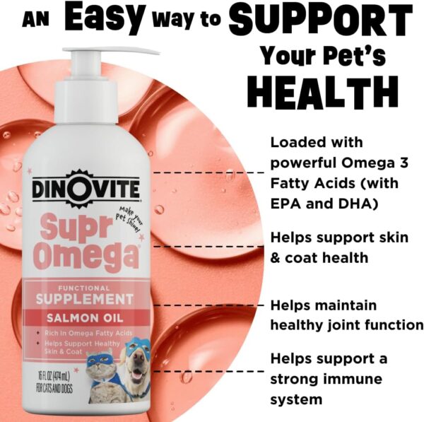 Dinovite SuprOmega Wild Caught Salmon Oil for Dogs & Cats - GMO Free Omega 3 Skin & Coat Supplement - Skin & Coat Meal Topper for Dogs & Cats - 16 oz - Image 5