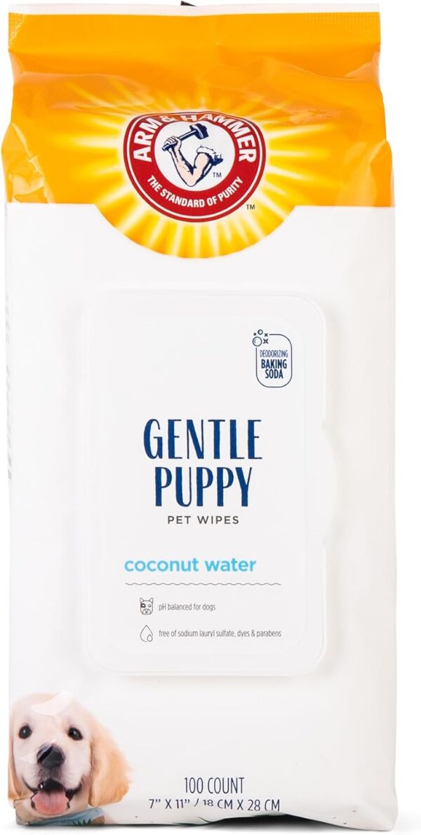 Arm & Hammer for Pets Gentle Puppy Bath Wipes, Coconut Water | All Purpose Puppy Cleaning Wipes Remove Odor & Refresh Skin for Pets | Gentle Tearless, 100 Count Pack of Pet Wipes