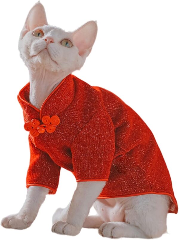 Traditional Culture Sphynx Hairless Cat Cotton T-Shirts Cat Clothes Pet Sweater Cat Vest Pet Clothes Kitten Shirts Cats & Small Dogs Apparel (Red Chi-Pao, XL (9-13 lbs))