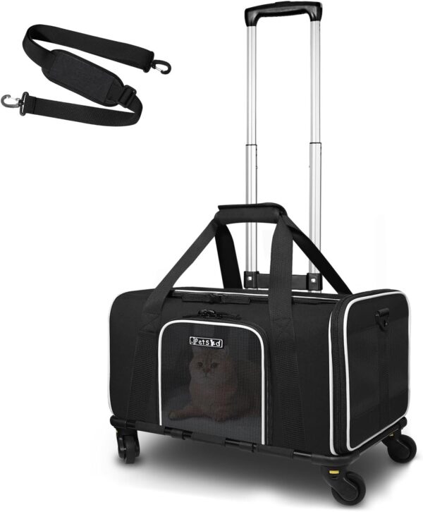 Pet Carrier with Wheels 18x12x8.5 JetBlue Allegiant Airline Approved, Soft Dog Carrier for 1-12 LBS Pets with Safety Lock Zipper(Black)