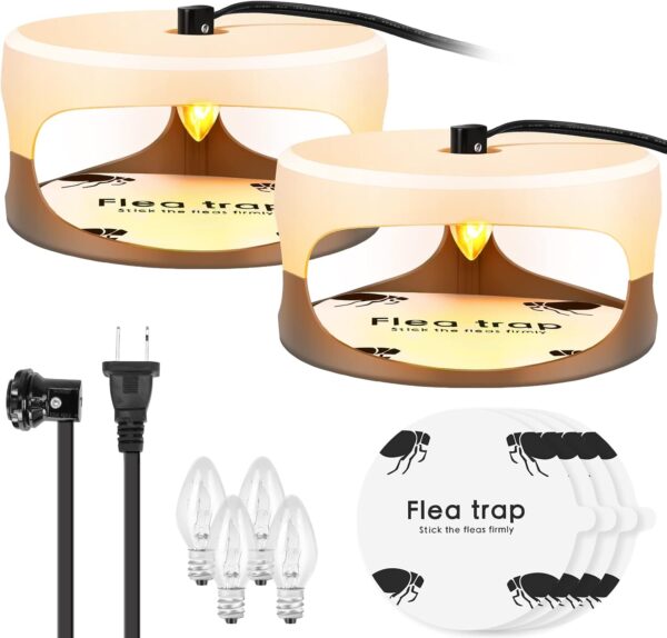 Flea Traps for Inside Your Home 2 Packs, Flea Light Trap for Indoor, Bed Bug Killer with Sticky Pads & Light Bulb Replacement, Natural Flea Insect Infestation Treatment Trap