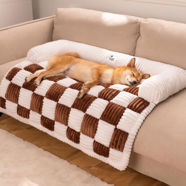 FUNNYFUZZY Pet Couch Covers for Sofa, Dog Couch Cover Fuzzy Sofa Cover Cream Square Plaid Cozy Dog Mat Furniture Protector Cover, Brown, Small