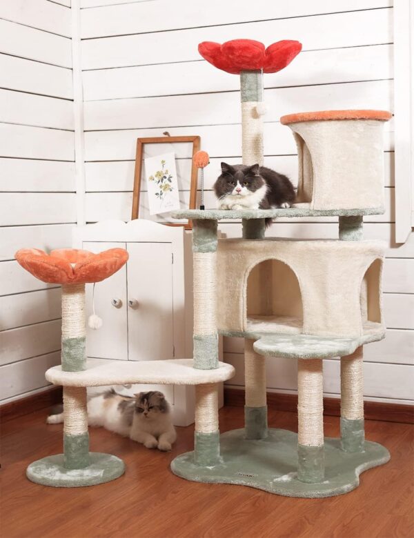 HYABi 56.3in Flower Collapsible Cat Tree Tower Condo Furniture Apartment Plush Habitat Kitten Amusement Platform with Scratch Posts Toy Ball Pet House Play (Large 56.3" H) - Image 2