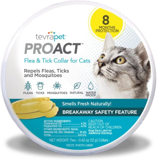 TevraPet Proact Flea and Tick Collar for Cats, 8 Months of Flea and Tick Protection, Repels Mosquitos - 2ct