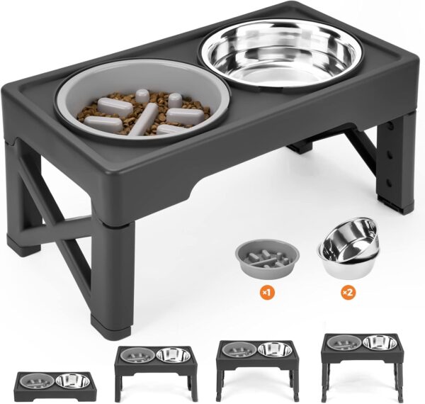 Elevated Dog Bowls with Slow Feeder, 4 Adjustable Heights Raised Dog Bowl Stand with Two 1.3L Stainless Steel Food & Water Bowls, Adjusts to 2.8”, 8.6”, 10.2”, 11.8” for Large Medium, Small Dog & Cats