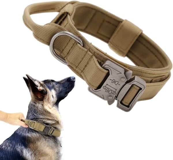 Tactical Dog Collar Military Dog Collar Adjustable Nylon Dog Collar Heavy Duty Metal Buckle with Handle for Dog Training (Brown,L)