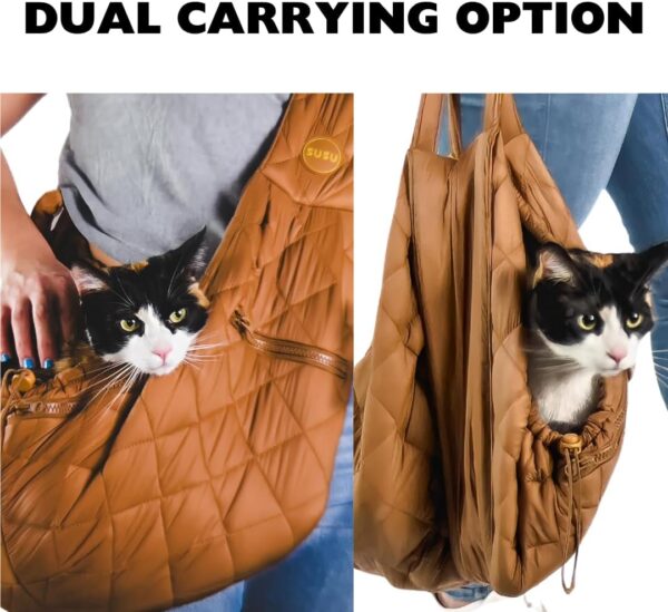 Pet Sling Carrier Bag for Cats and Small Dogs, Hands-Free, cat sling cat carrier soft, Fits upto 10lbs Adjustable Strap, safety belt and drawstrings. Storage Zipped Pockets (Camel Brown) - Image 3