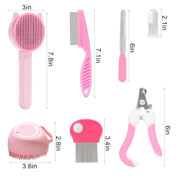 8 Pcs Cat Brush Grooming Kits, Pet Self Cleaning Kit with Pet Nail Clipper and File, Flea Comb, Pet Shampoo Bath Brush, Pet Shedding Brush, Silicone Toothbrush (Pink) - Image 2