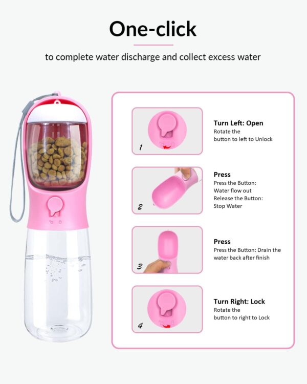 Dog Water Bottle, 2 in 1, Leak Proof Portable Pet Water Bottle with Food Container, Outdoor Portable Water Dispenser for Dog, Puppy Supply for Walking, Hiking, Camping, Travel (19oz Pink) - Image 6