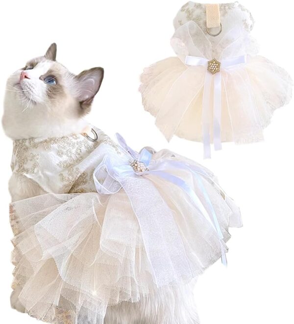 Fancy Dog Dresses with Leash Ring, Embroidered Dog Wedding Dress, Bow Puppy Clothes for Small Dog Girl Multi-layer Lace Tutu Cat outfit for Kitten Chihuahua Yorkie, Champagne,Medium