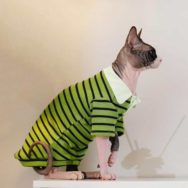 Sphynx Cat Shirt Cotton Hairless Kitten Polo T-Shirt with Sleeves Pullover Cat Pajamas for Sphynx Cornish Rex, Devon Rex, Peterbald (Green Black Polo, X-Large) - Image 5