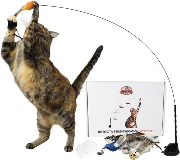 Interactive Bird Simulation Cat Toy Set, Interactive Cat Toys for Indoor Cats, Cat Feather Toy, Self-Holding Suction Base, 5 Replacement Birds, Feathers & Bells, Realistic Bird Impression