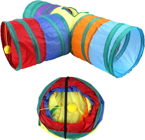 32Pcs Cat Toys Kitten Interactive Pet Toys Assortments, Foldable Rainbow Tunnel, Teaser Wand Fluffy Mouse Crinkle Balls Bell Play for Puppy Kitty (3 way) - Image 7