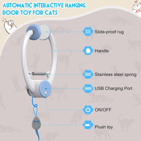 Cat Toy Interactive for Indoor Cats, Smart USB Rechargeable Door Hanging Automatic Retractable Kitten Toys, Teaser Electronic Self Play Feather Cat String Toys Attached with 3 Catnip Mice White - Image 6