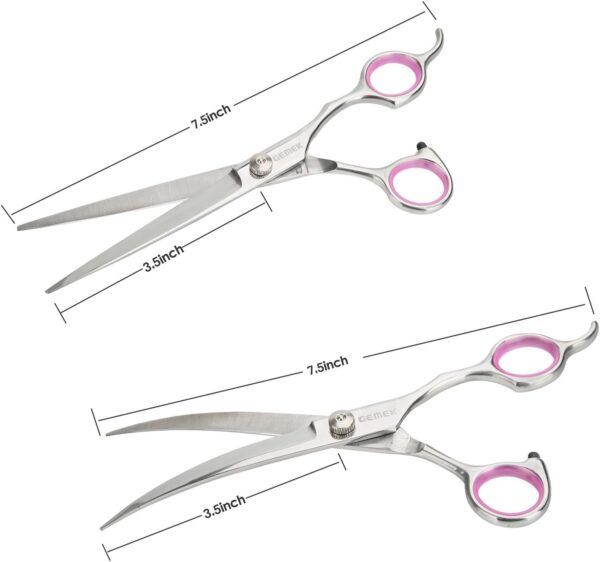 GEMEK Pet Cat Dog Grooming Scissors Set 4 Pieces Stainless Steel Professional Pet Trimmer Kit - 7.5 inch Straight Cutting Scissors, Thinning Shears, Curved Scissors, Grooming Combs - Image 4